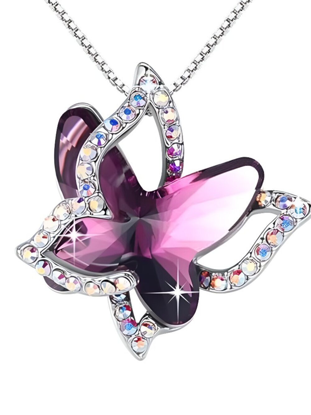 Butterfly Birthstone Crystal Necklace Mother's Day Present for Women Silver